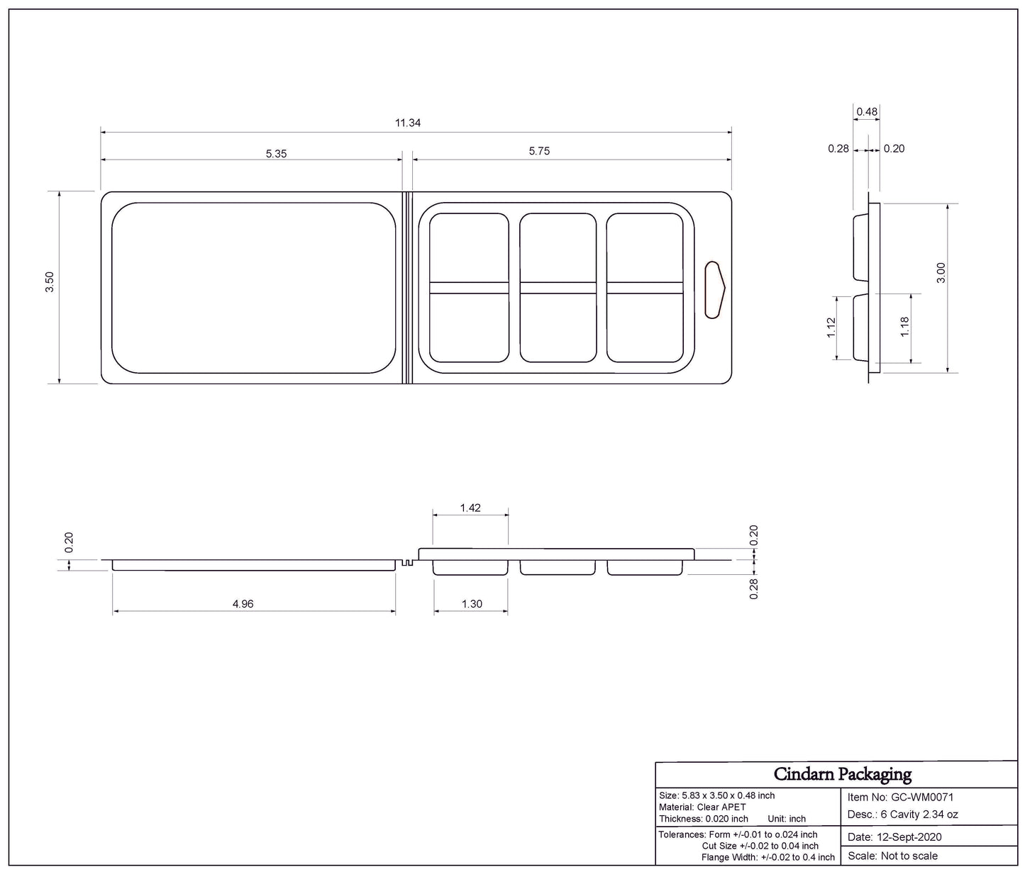 Wax Melt Clamshell - 2.34 oz 6 Cavity Dimensions