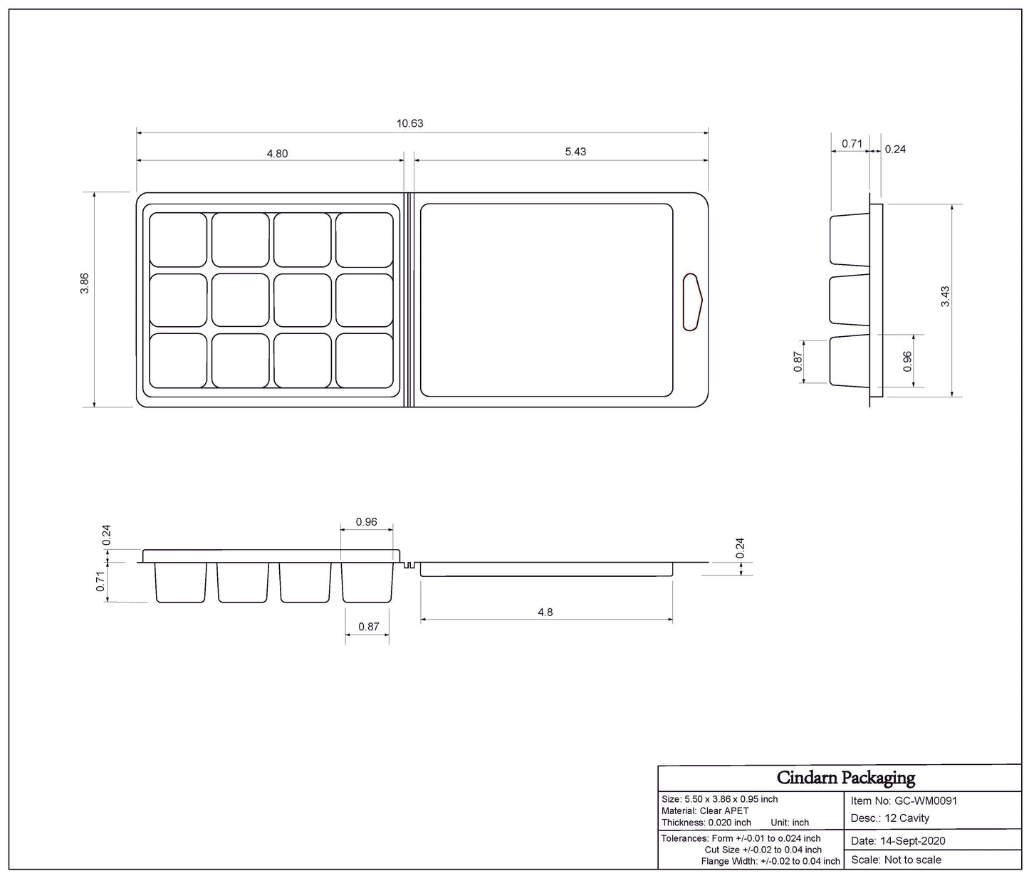 Wax Melt Clamshell - 12 Cavity Dimensions