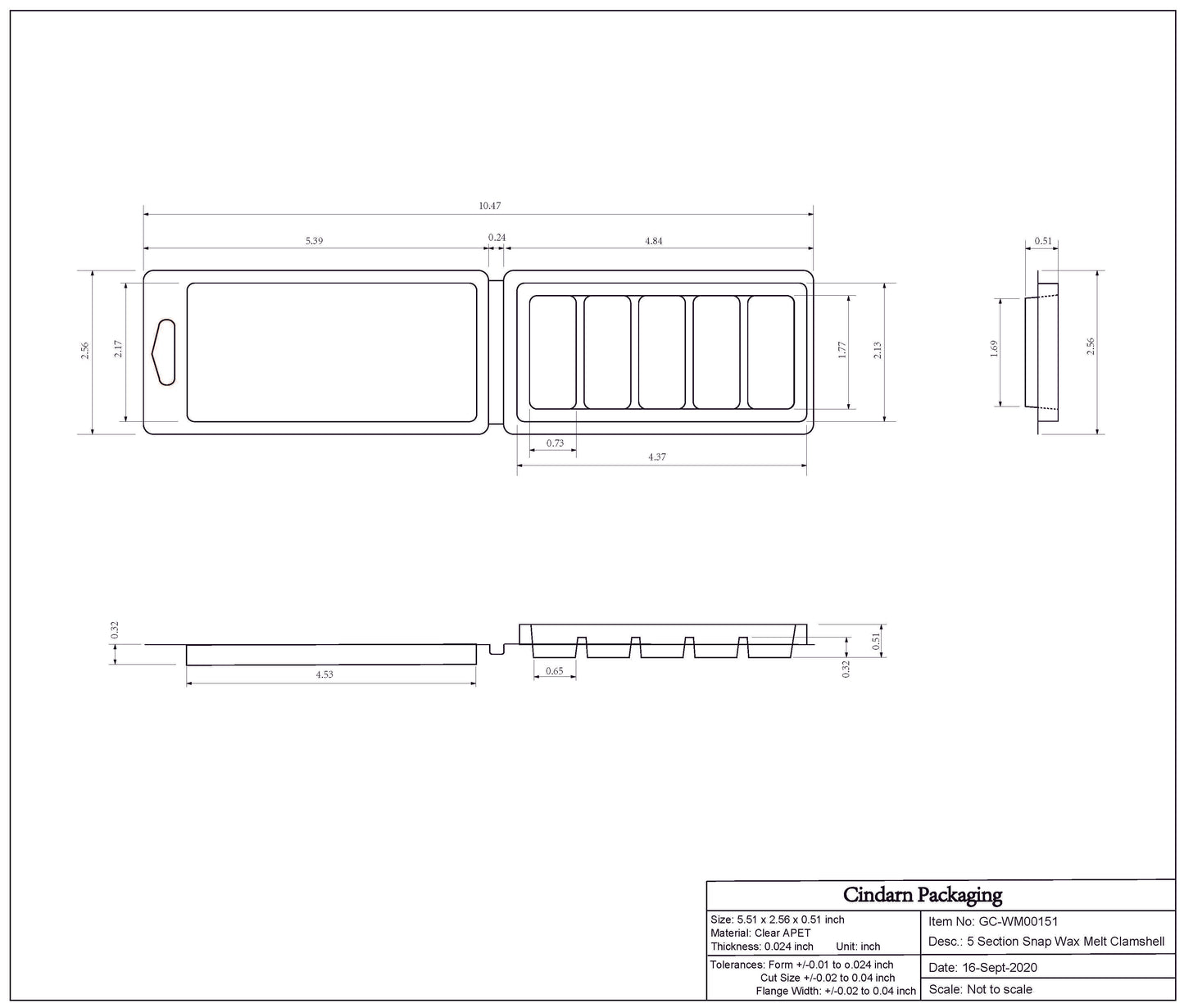 Wax Melt Clamshell - 5 Section Snap Bar Dimensions