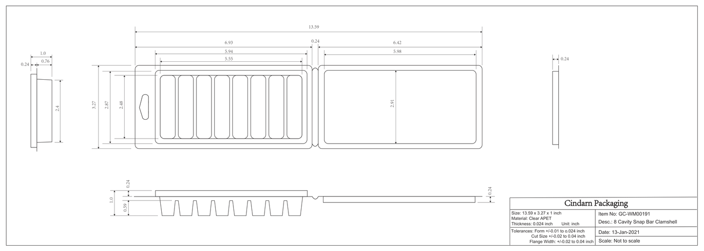 Wax Melt Clamshell - 8 Cavity Snap Bar Dimensions