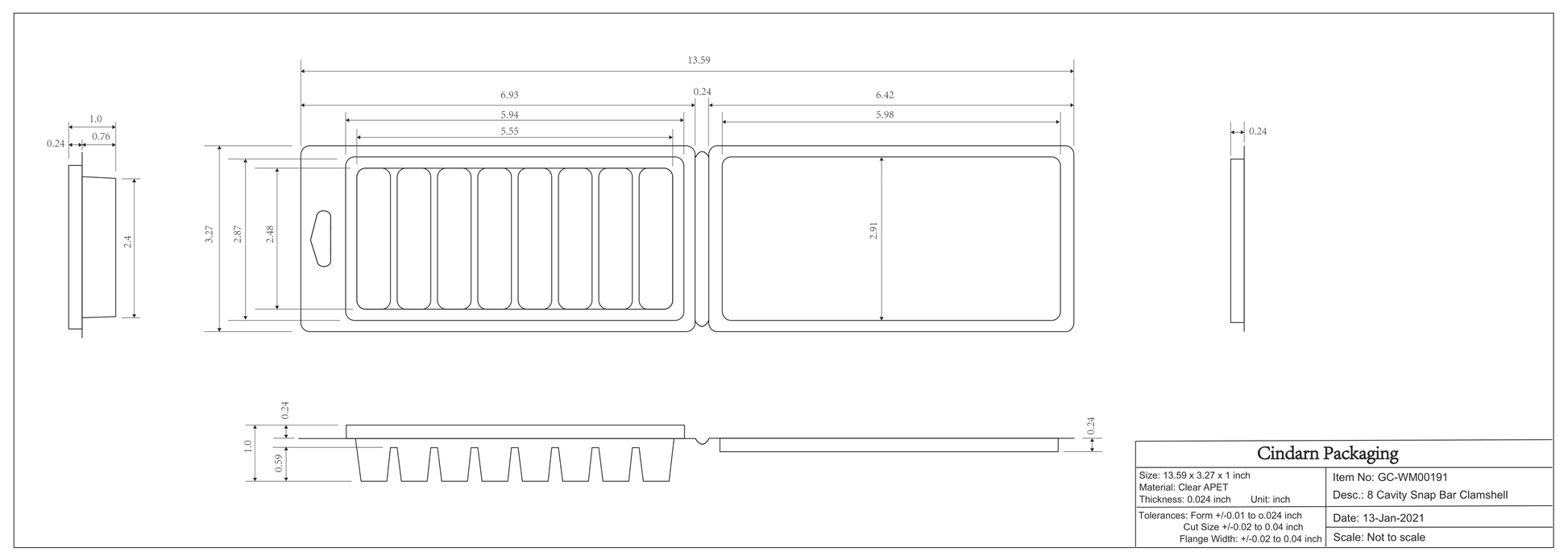 Wax Melt Clamshell - 8 Cavity Snap Bar Dimensions