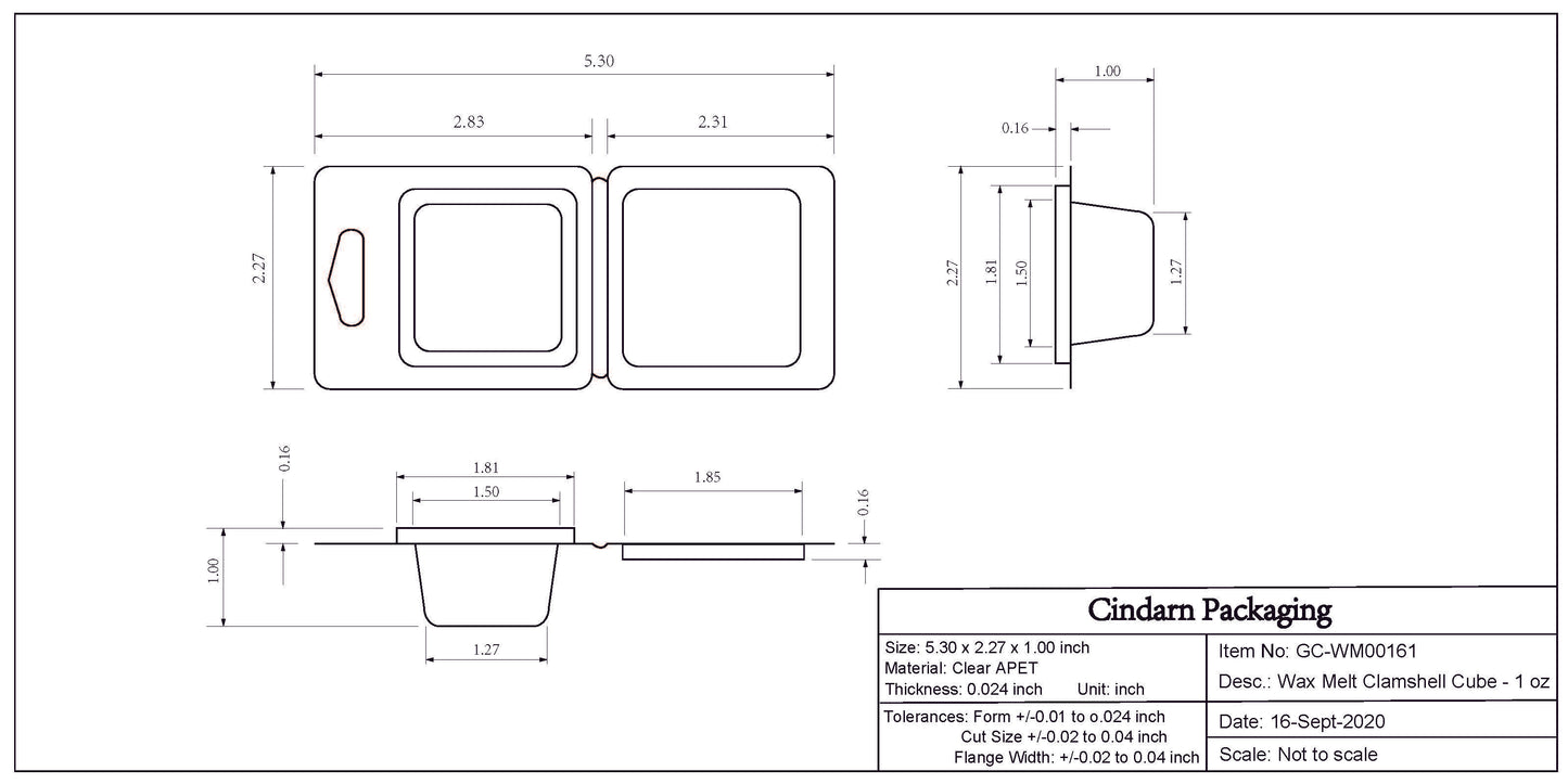 Wax Melt Clamshell - Single Cube Dimensions